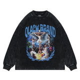 Qlacw black crewneck long sleeve t-shirt with jesus cross, flat lay view.