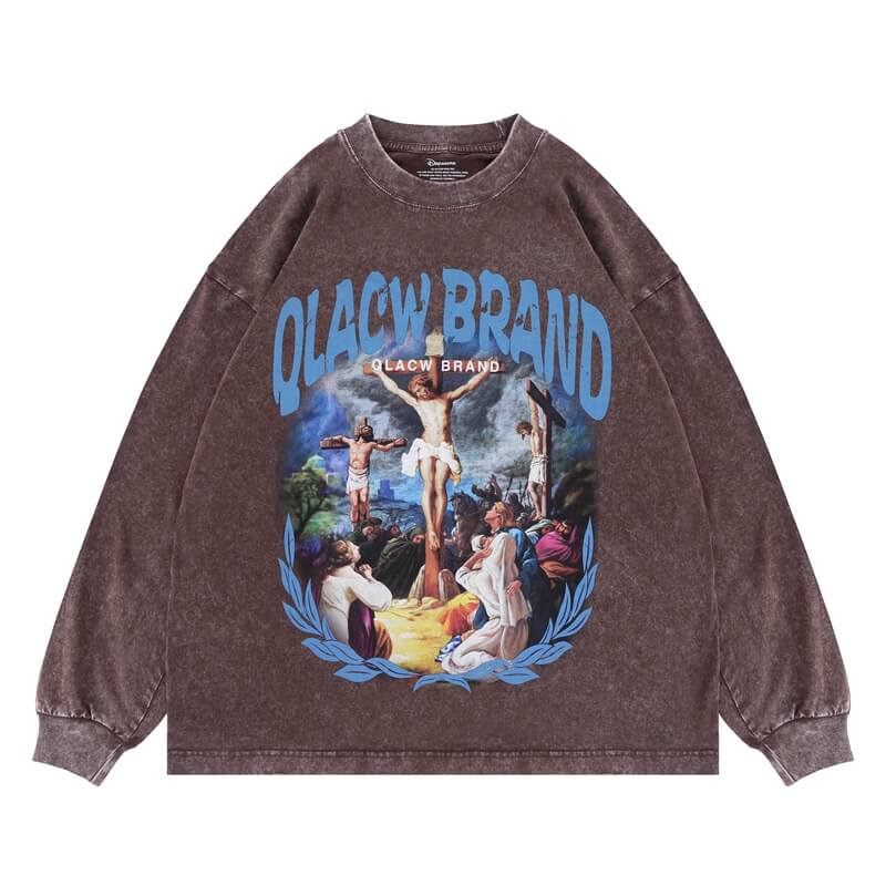 Qlacw dark brown crewneck long sleeve t-shirt with jesus cross, flat lay view.