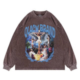 Qlacw dark brown crewneck long sleeve t-shirt with jesus cross, flat lay view.