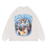 Qlacw off white crewneck long sleeve t-shirt with jesus cross, flat lay view.