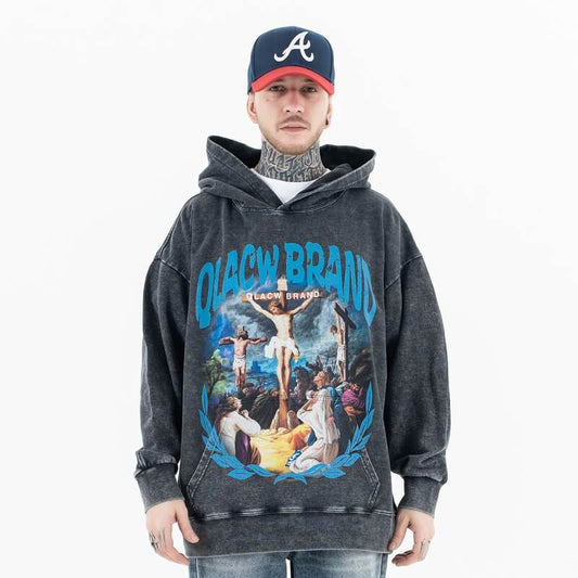 QLACW Logo Soft Vintage Wash Jesus Cross Graphic Hoodie - Model Wearing - Front View