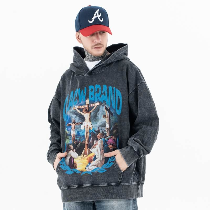 QLACW Logo Soft Vintage Wash Jesus Cross Graphic Hoodie - Model Wearing - Front View