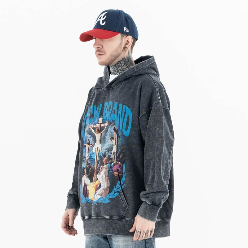 QLACW Logo Soft Vintage Wash Jesus Cross Graphic Hoodie - Model Wearing - Side View