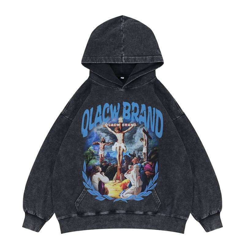 QLACW Logo Soft Vintage Wash Jesus Cross Graphic Hoodie - Flat Lay