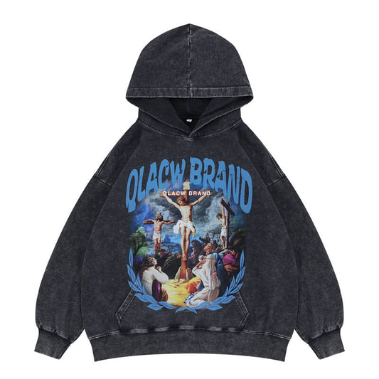 QLACW Logo Soft Vintage Wash Jesus Cross Graphic Hoodie - Flat Lay