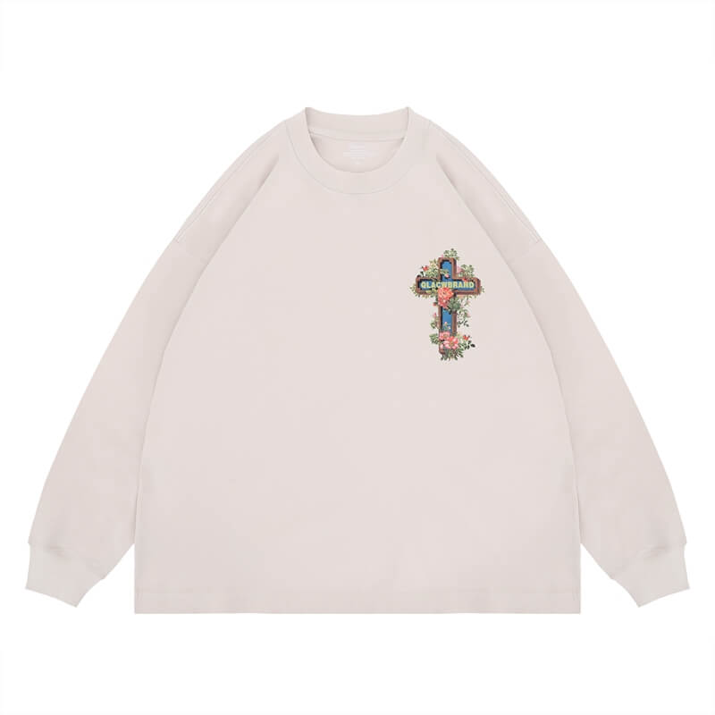 Flat lay of a QLACW logo street cross long sleeve graphic T-shirt