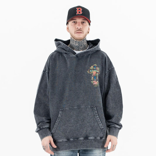"QLACW" Logo Vintage Soft Street Cross Graphic Hoodie - Model Wearing - Front View