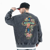 Back view of a model wearing a 'QLACW' vintage street graphic sweatshirt