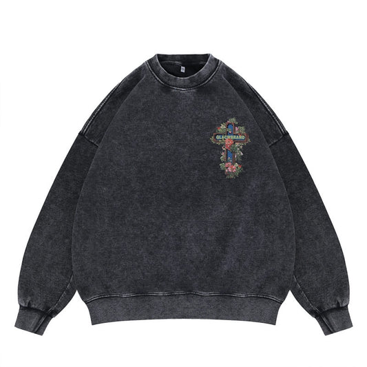 "QLACW" Logo Vintage Soft Street Cross Graphic Sweatshirt