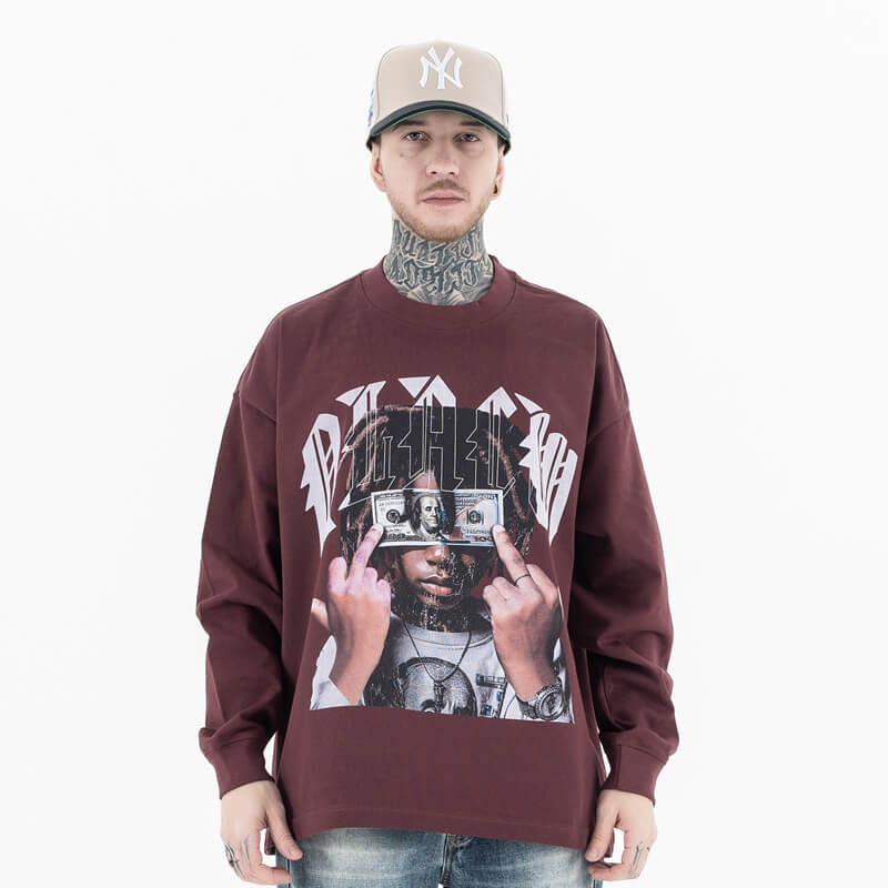 Front view of a model wearing a 'QLACW' personalized logo soft cotton long sleeve T-shirt