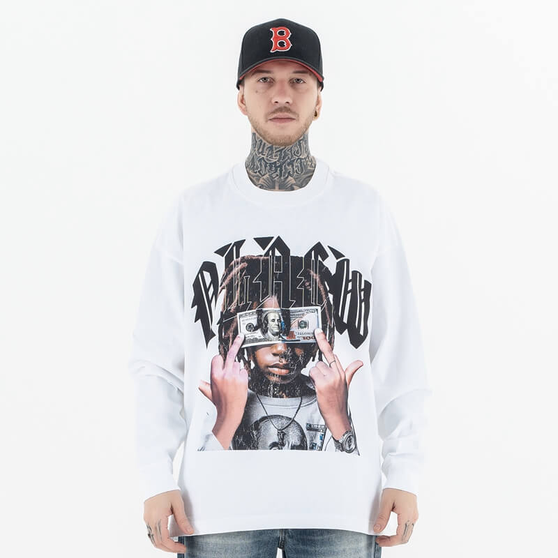 Front view of a model wearing a 'QLACW' personalized logo soft cotton long sleeve T-shirt