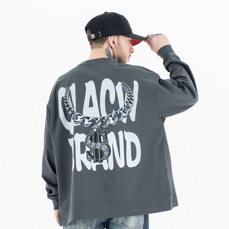 Back view of a model wearing a 'QLACW' personalized logo soft cotton long sleeve T-shirt