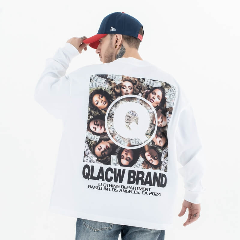Back view of a model wearing a QLACW unique brand address graphic T-shirt