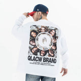 Back view of a model wearing a QLACW unique brand address graphic T-shirt
