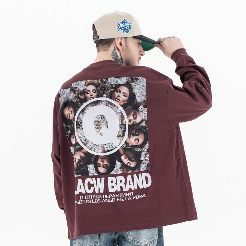 Back view of a model wearing a QLACW unique brand address graphic T-shirt