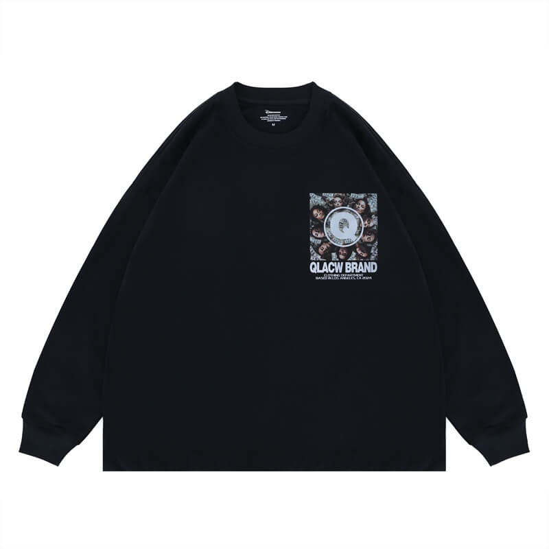 Flat lay of a QLACW unique brand address graphic long sleeve T-shirt