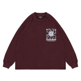 Flat lay of a QLACW unique brand address graphic long sleeve T-shirt