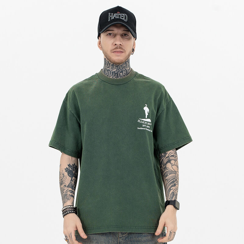 Model wearing front view of running club vintage graphic t-shirt.