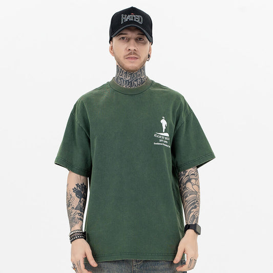 Model wearing front view of running club vintage graphic t-shirt.