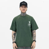 Model wearing front view of running club vintage graphic t-shirt.