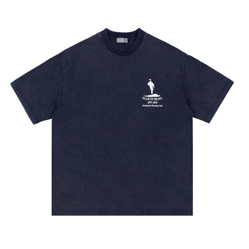 Flat lay of blue running club vintage graphic t-shirt.