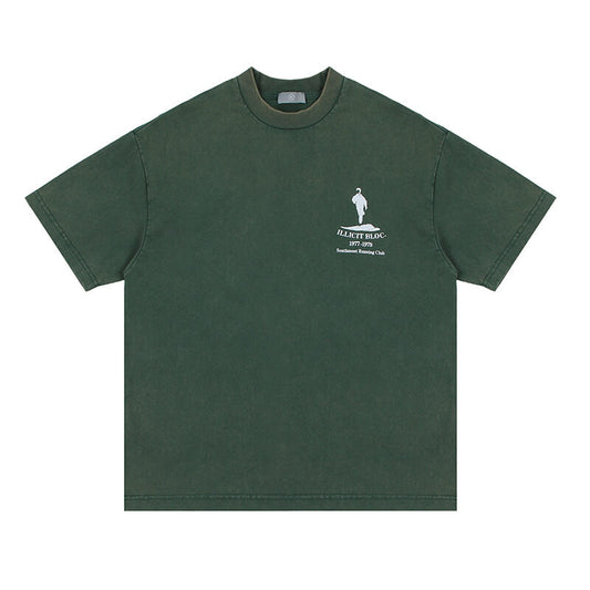 Flat lay of green running club vintage graphic t-shirt.