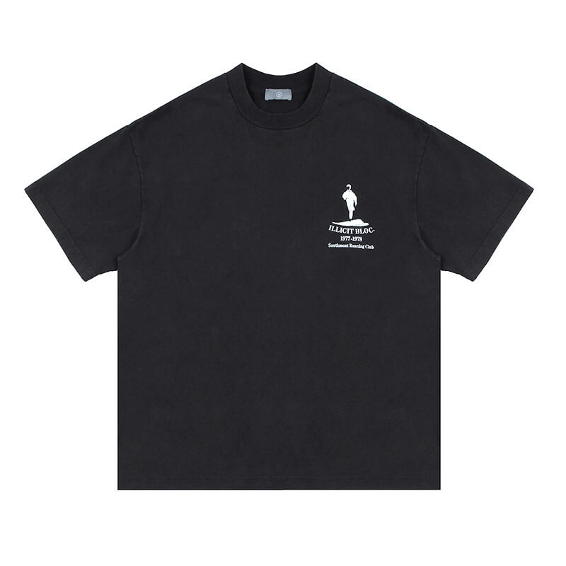 Flat lay of black running club vintage graphic t-shirt.