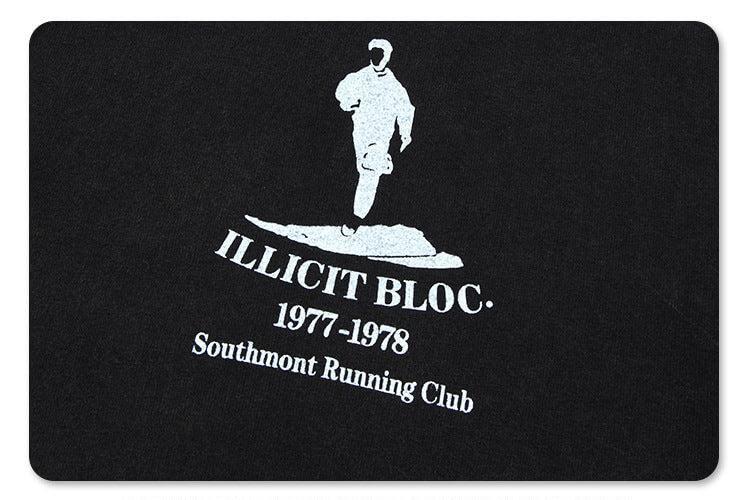 Front print detail of running club vintage graphic t-shirt.