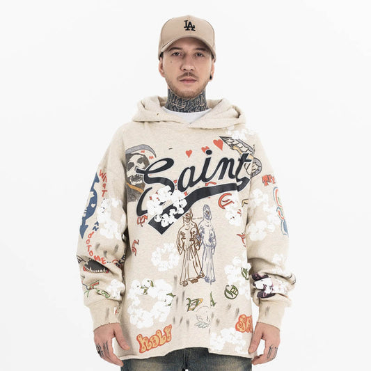 Model wearing front view of saint fleece street graffiti graphic hoodie.