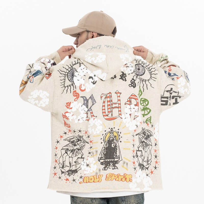Model wearing back view of saint fleece street graffiti graphic hoodie.