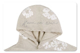 Close-up of hat detail on saint fleece street graffiti graphic hoodie.