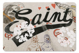 Close-up of graphic design on saint fleece street graffiti graphic hoodie.