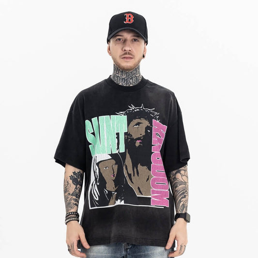 Front view of model wearing Saint Michael Kingdom Black Vintage Graphic T-Shirt.