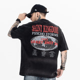 Back view of model wearing Saint Michael Kingdom Black Vintage Graphic T-Shirt.