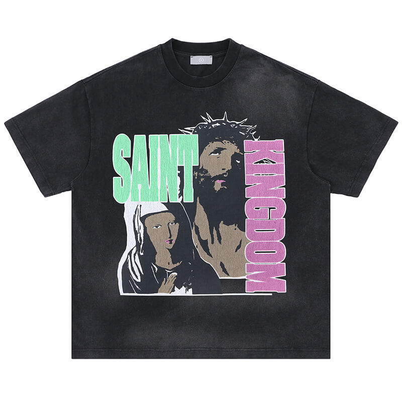 Flat lay of Saint Michael Kingdom Black Vintage Graphic T-Shirt on display.