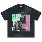 Flat lay of Saint Michael Kingdom Black Vintage Graphic T-Shirt on display.