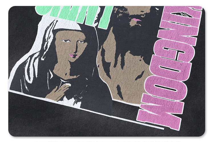Close-up of the vintage graphic print on Saint Michael Kingdom T-Shirt.