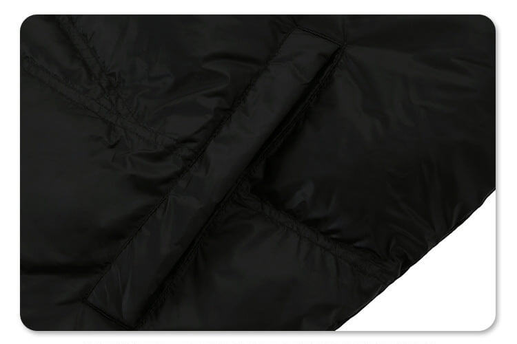 Pocket detail of solid color oversized stand collar zipper padded jacket.