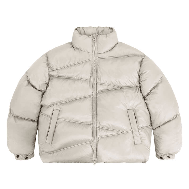 Flat lay of solid color oversized stand collar zipper padded jacket.