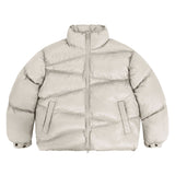 Flat lay of solid color oversized stand collar zipper padded jacket.