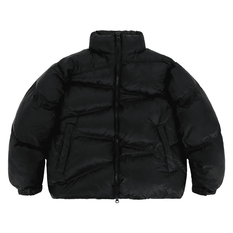Flat lay of solid color oversized stand collar zipper padded jacket.
