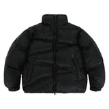 Flat lay of solid color oversized stand collar zipper padded jacket.