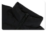 Stand collar detail of solid color oversized stand collar zipper padded jacket.