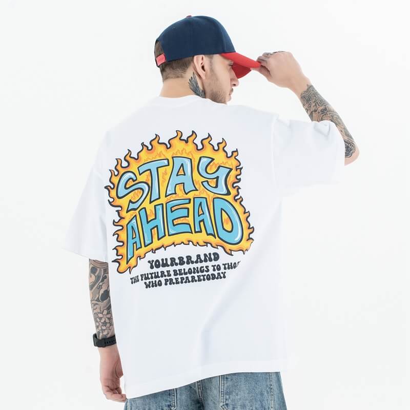 Back view of a model wearing a 'Stay Ahead' cotton graphic T-shirt