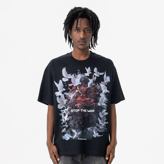 Model wearing stop war graphic t-shirt front view.