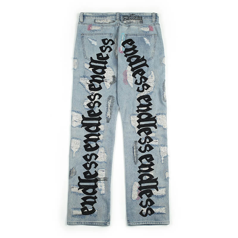 Straight-Leg Street Vintage Washed Embroidered Ripped Design Jeans