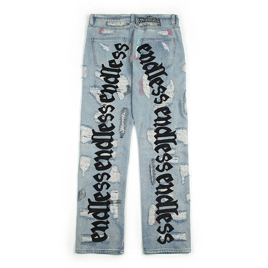Straight-Leg Street Vintage Washed Embroidered Ripped Design Jeans