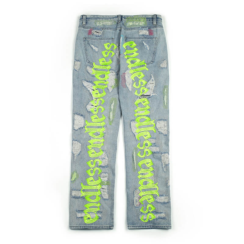 Straight-Leg Street Vintage Washed Embroidered Ripped Design Jeans