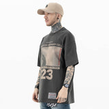 Side view of model wearing Paul Laffoley graphic vintage T-shirt