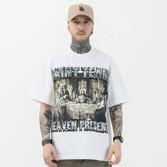 Front view of "The Last Supper" Graphic Christian T-Shirt worn by a model